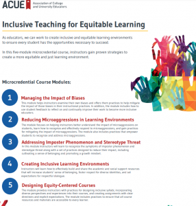 screenshot of ACUE's inclusive teaching for equitable learning microcredential information