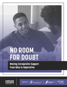 Cover image for No Room for Doubt report featuring two Black students in conversation. 