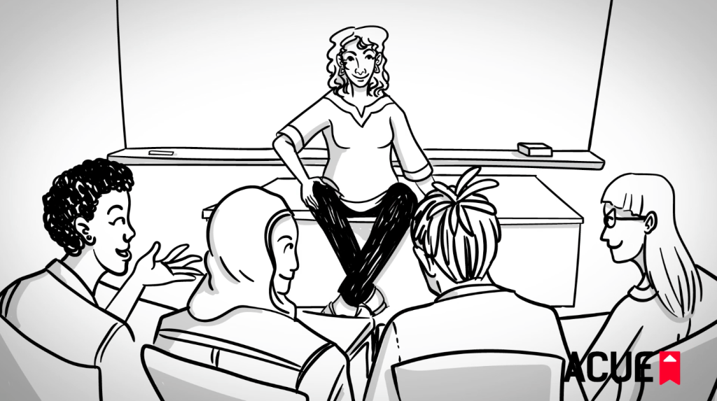 cartoon of teacher sitting cross-legged on desk talking to students