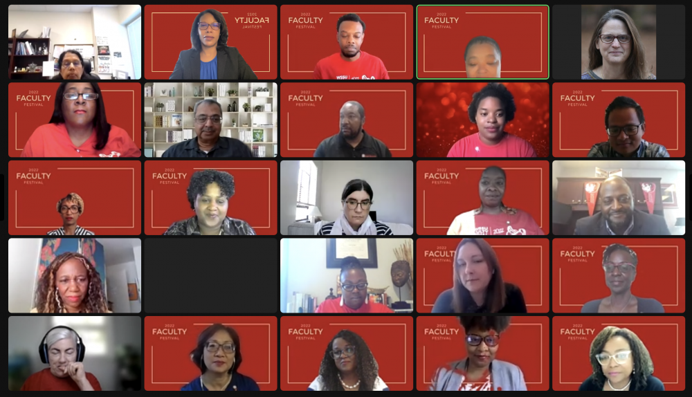 20 faculty on a virtual Zoom meeting, with Winston-Salem State red backgrounds.