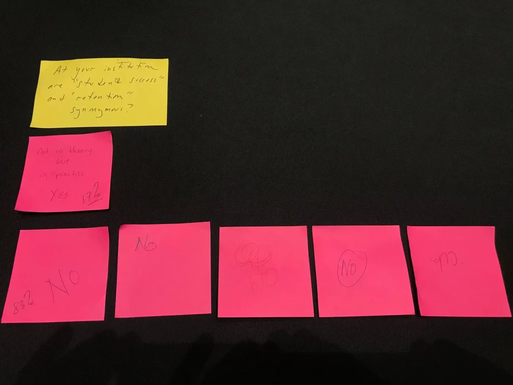 Post-it noes on a board with responses written on them