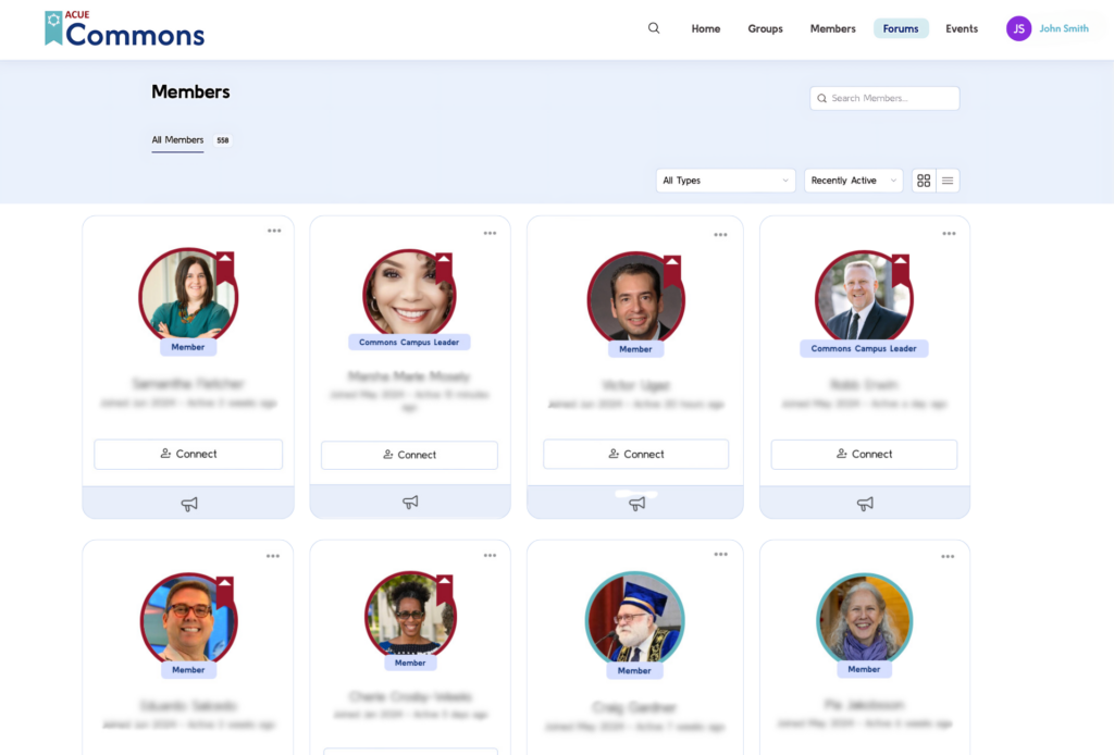 Screen image of the ACUE Commons Members Page with six different people's headshots and information