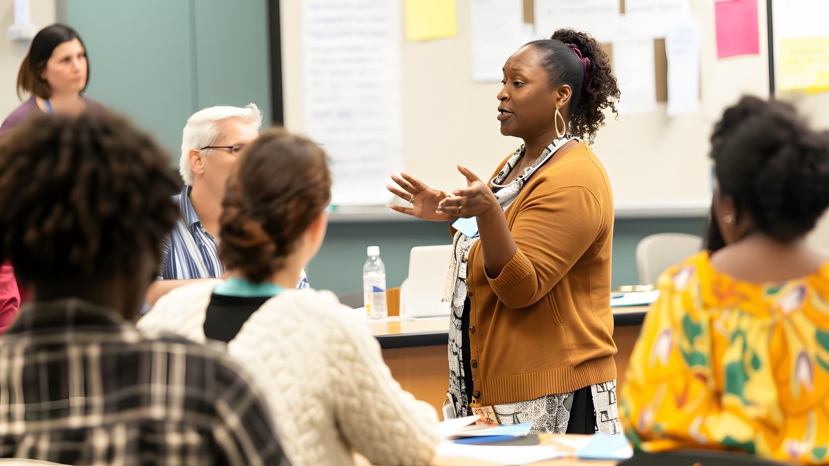 Educator leading a classroom discussion, fostering inclusive and productive classroom conversations.