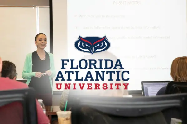 Florida Atlantic University logo with students on campus representing higher completion rates, improved grades, and lower DFW rates