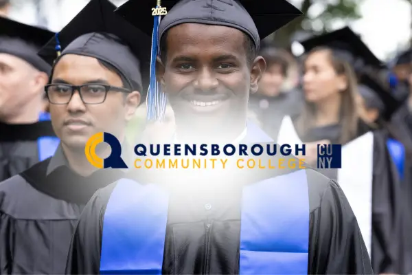 Queensborough Community College logo with students on campus representing sustained improvements in student outcomes
