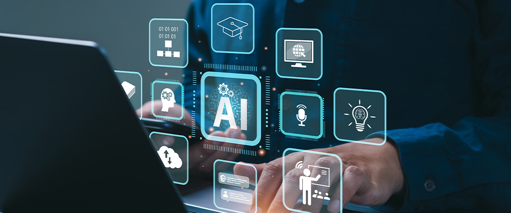 Person typing on computer with AI graphic and icons layered on top of image